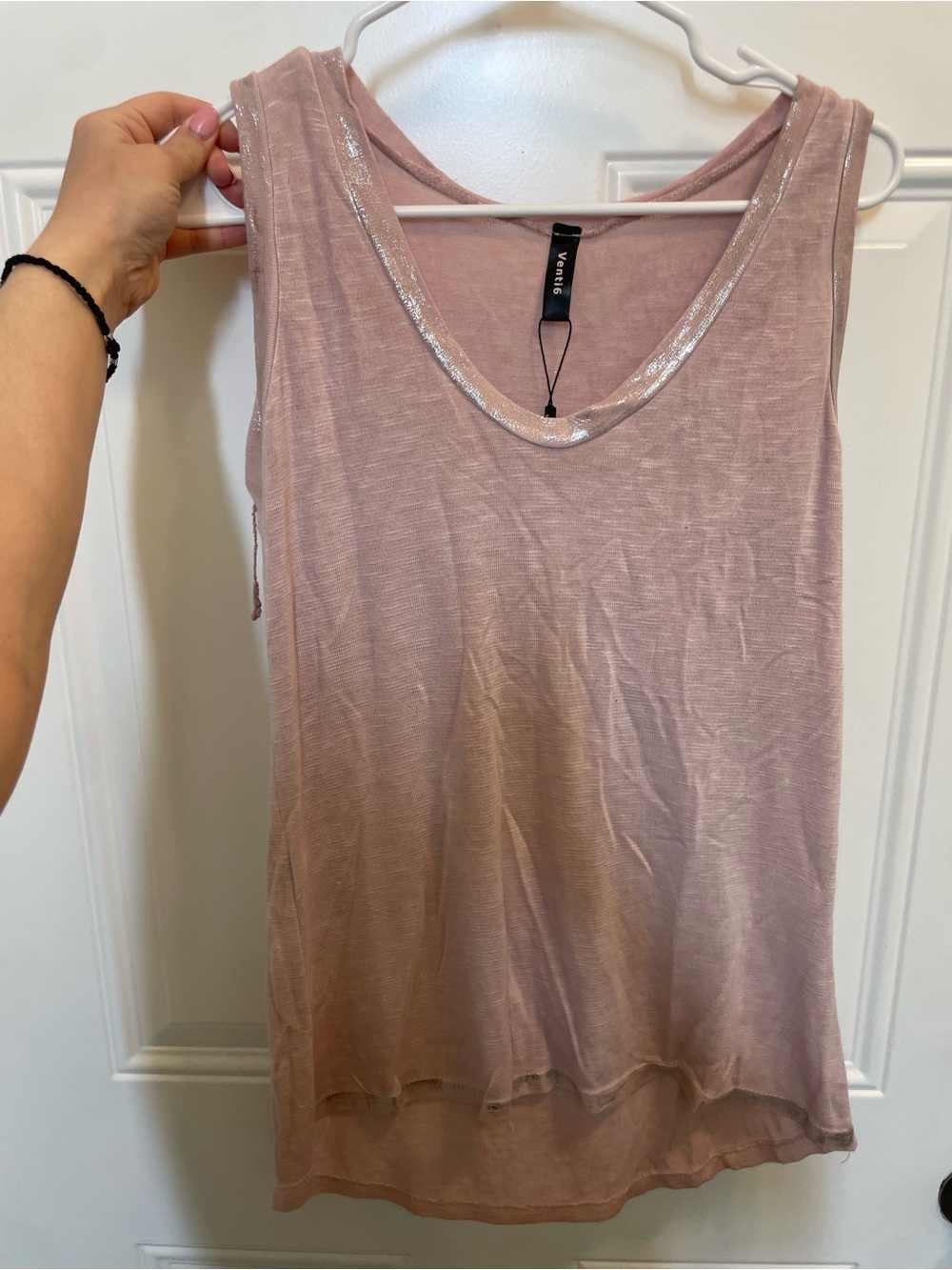 Venti 6 - Womens Shimmer-Trim Scoop Neck Tank Top - Blush Pink Medium